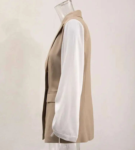 Women Khaki Drawstring Color-block Elegant Blazer New Lapel Long Sleeve Jacket Fashion Tide Spring Autumn 2025 CPDB162