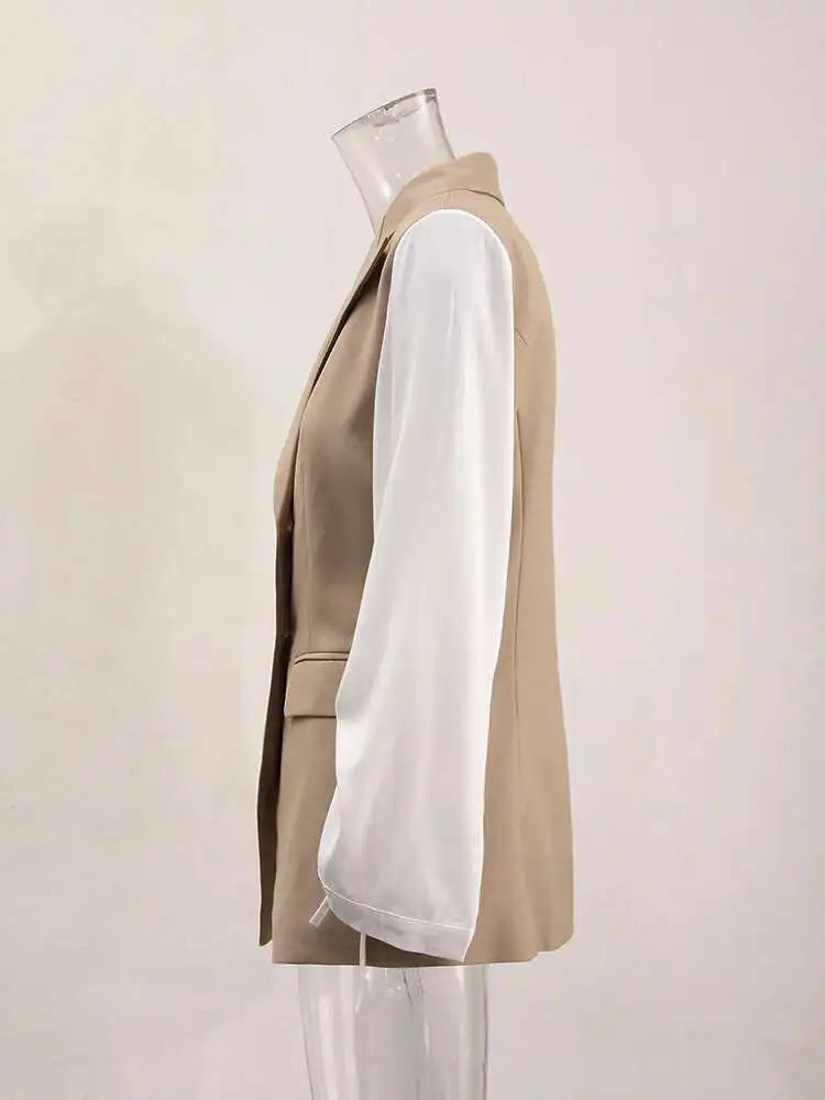 Women Khaki Drawstring Color-block Elegant Blazer New Lapel Long Sleeve Jacket Fashion Tide Spring Autumn 2025 CPDB162