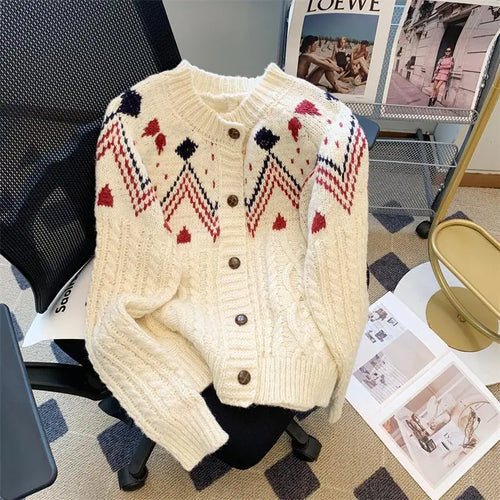 Load image into Gallery viewer, Autumn Winter Vintage White Patchwork Cardigan Sweater Women Korean Pink Single-breasted Long Sleeved Elegant Knitted Tops Thick

