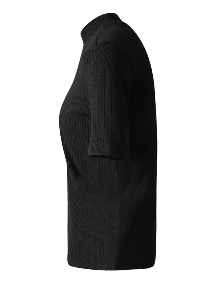 Women Black Gray Knitting Brief Slim Elegant T-shirt New Turtleneck Short Sleeve Fashion Tide Spring Summer 2025 CPG3078