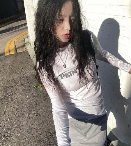 Grunge Letter Print T-shirt Korean Fashion Long Sleeve Tee Shirt Vintage Japanese Harajuku Slim Tops Kpop Streetwear Y2k