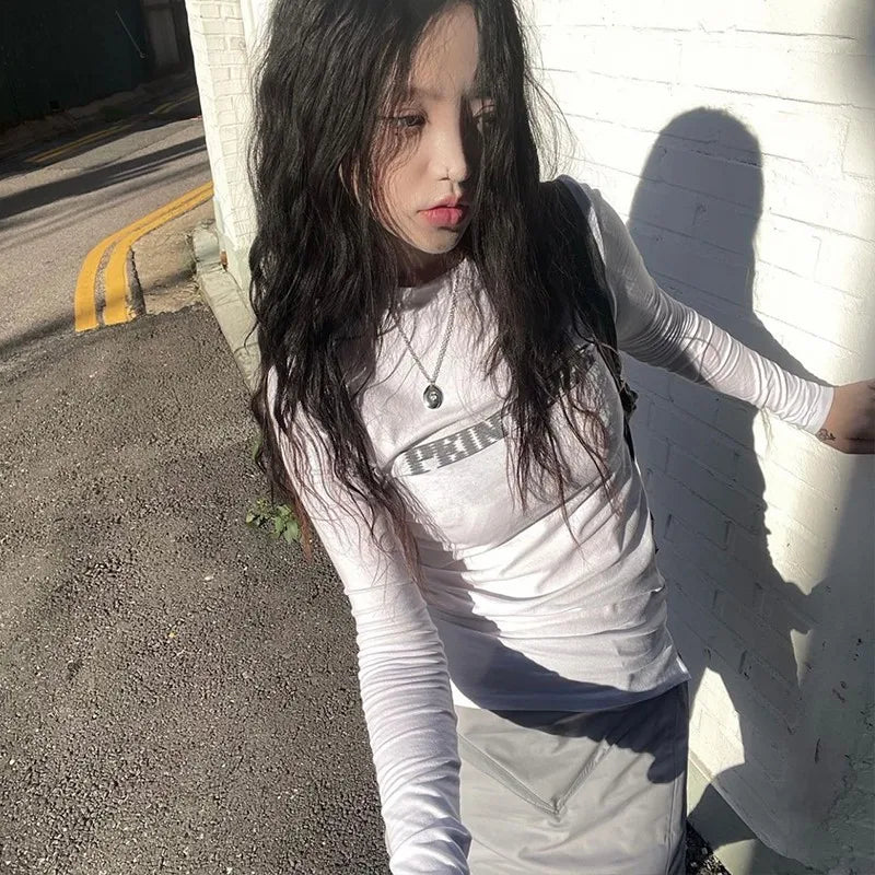 Grunge Letter Print T-shirt Korean Fashion Long Sleeve Tee Shirt Vintage Japanese Harajuku Slim Tops Kpop Streetwear Y2k