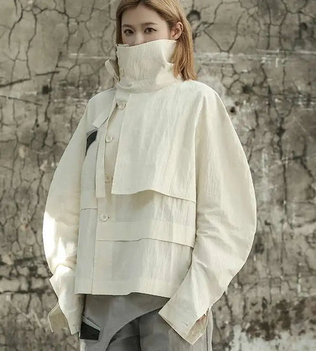 Beige Loose Fit Irregular Color-block Jacket New Stand Collar Long Sleeve Women Coat Fashion Spring Autumn 2025 1DF6811