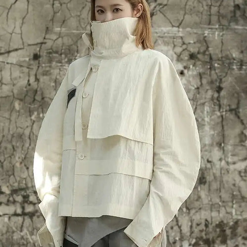 Load image into Gallery viewer, Beige Loose Fit Irregular Color-block Jacket New Stand Collar Long Sleeve Women Coat Fashion Spring Autumn 2025 1DF6811
