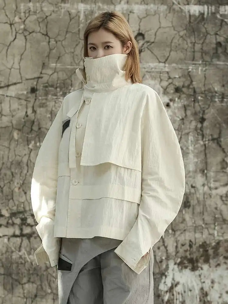 Beige Loose Fit Irregular Color-block Jacket New Stand Collar Long Sleeve Women Coat Fashion Spring Autumn 2025 1DF6811