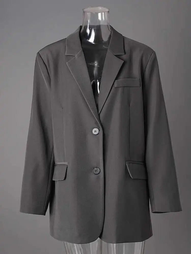 Women Gray Brief Single Breasted Big Size Blazer New Lapel Long Sleeve Jacket Fashion Tide Spring Autumn 2025 CPG2774