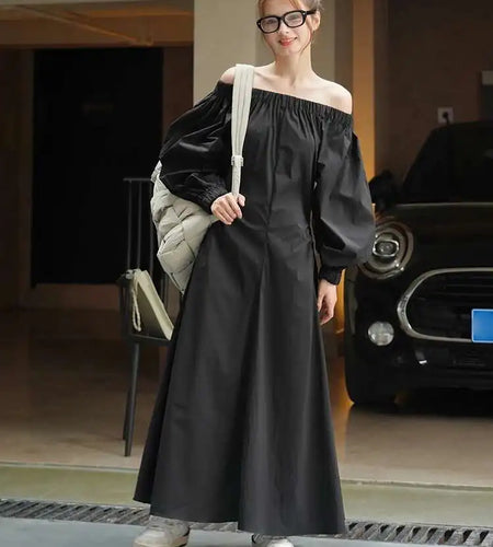 Women Black Brief Long Elegant Dress New Slash Neck Long Puff Sleeve Loose Fit Fashion Tide Spring Autumn 2025 1DF9947