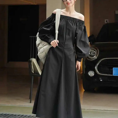 Load image into Gallery viewer, Women Black Brief Long Elegant Dress New Slash Neck Long Puff Sleeve Loose Fit Fashion Tide Spring Autumn 2025 1DF9947
