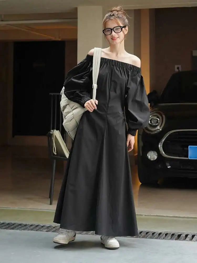 Women Black Brief Long Elegant Dress New Slash Neck Long Puff Sleeve Loose Fit Fashion Tide Spring Autumn 2025 1DF9947