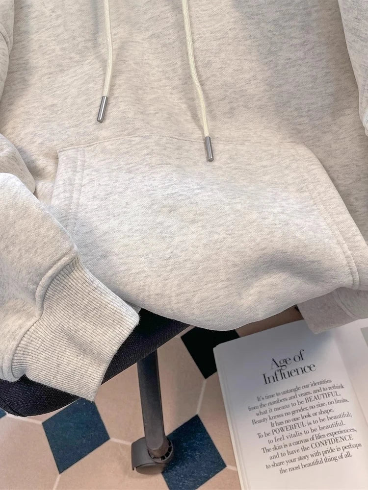 Women Casual Gray Letter Loose Hoodies Long Sleeve Sweatshirt Spring Autumn Elegant Pocket Pullover Tops 2024 Streetwear Popular