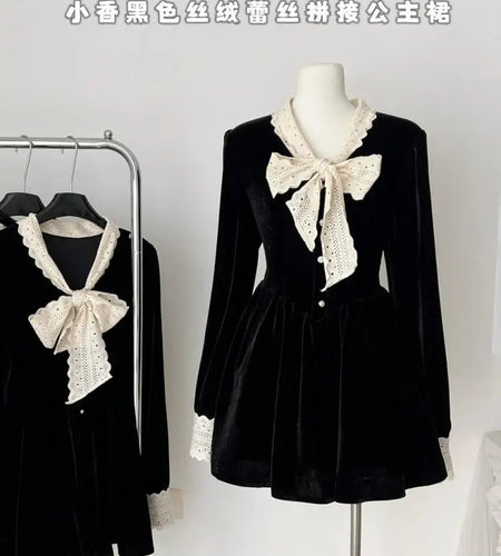 French Retro Women Beige Velvet Patchwork Lace Bow Button Mini Dress Autumn Winter Long Sleeved High Waist Pleated Short Dresses