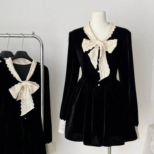 Load image into Gallery viewer, French Retro Women Beige Velvet Patchwork Lace Bow Button Mini Dress Autumn Winter Long Sleeved High Waist Pleated Short Dresses
