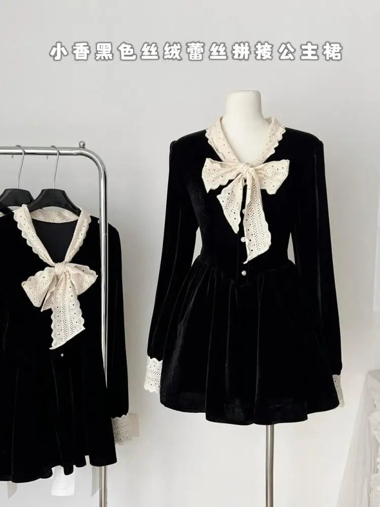 French Retro Women Beige Velvet Patchwork Lace Bow Button Mini Dress Autumn Winter Long Sleeved High Waist Pleated Short Dresses