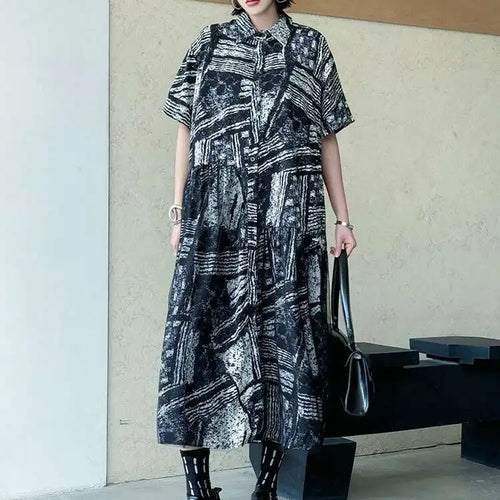 Load image into Gallery viewer, Women Black Pattern Printed Big Size Mesh Midi Shirt Dress New Lapel Short Sleeve Fashion Tide Spring Summer 2025 1DJ0636
