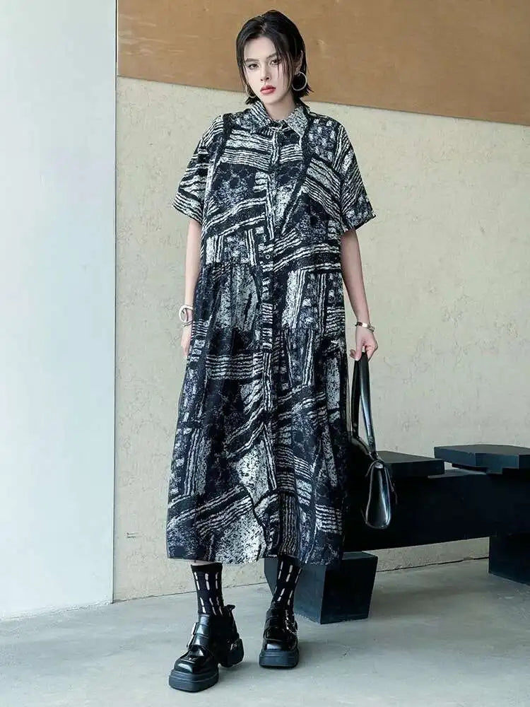 Women Black Pattern Printed Big Size Mesh Midi Shirt Dress New Lapel Short Sleeve Fashion Tide Spring Summer 2025 1DJ0636