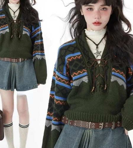 2025 Autumn Women Contrast Color Patchwork Sweater Casual Grunge Bandage Pullovers Aesthetic Harajuku Vintage Loose Streetwear