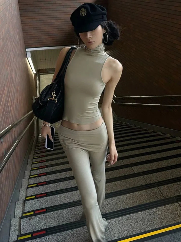 Fashion Sleeveless Tank Top Tight Pants Women's Set Solid Color Slim Two Piece Flare Pants Female Casual Street 2024