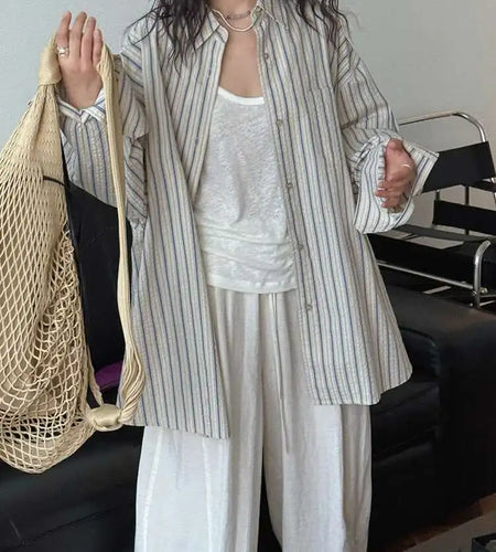 Women Apricot Striped Textured Big Size Long Blouse New Lapel Long Sleeve Shirt Fashion Tide Spring Autumn 2025  1DJ0598