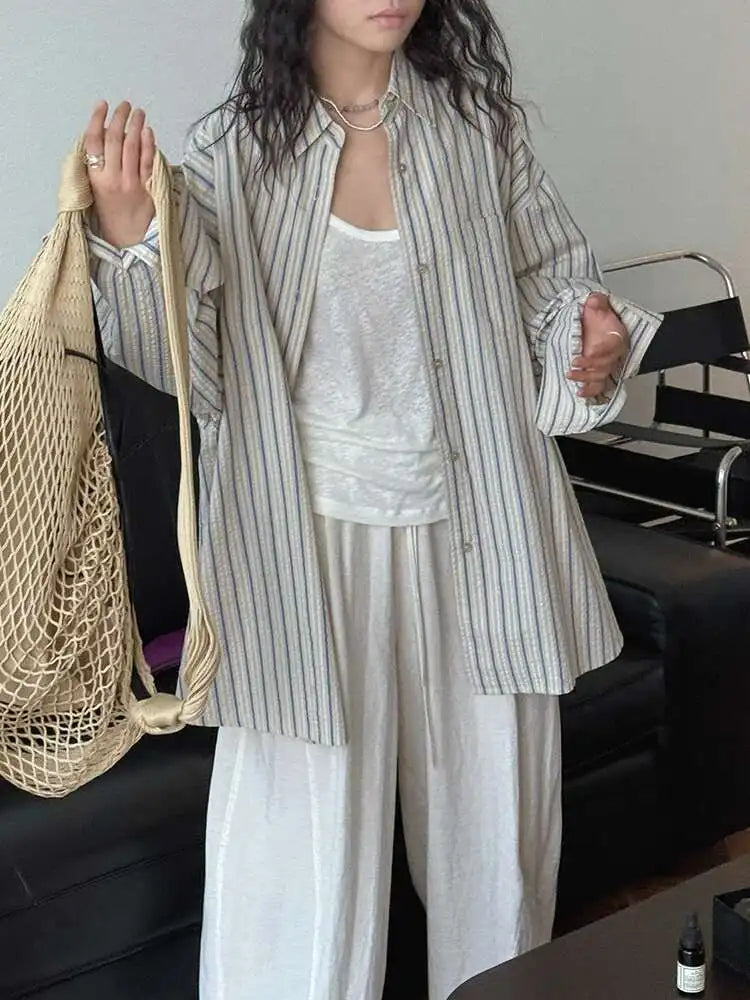 Women Apricot Striped Textured Big Size Long Blouse New Lapel Long Sleeve Shirt Fashion Tide Spring Autumn 2025  1DJ0598