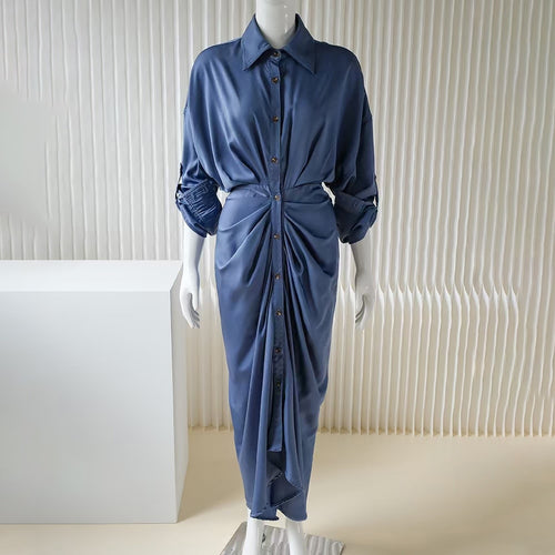 Load image into Gallery viewer, Korean Fashion Dress For Women Lapel Long Sleeve High Waist Solid Ruched Midi Dresses Female Spring Clothing Style
