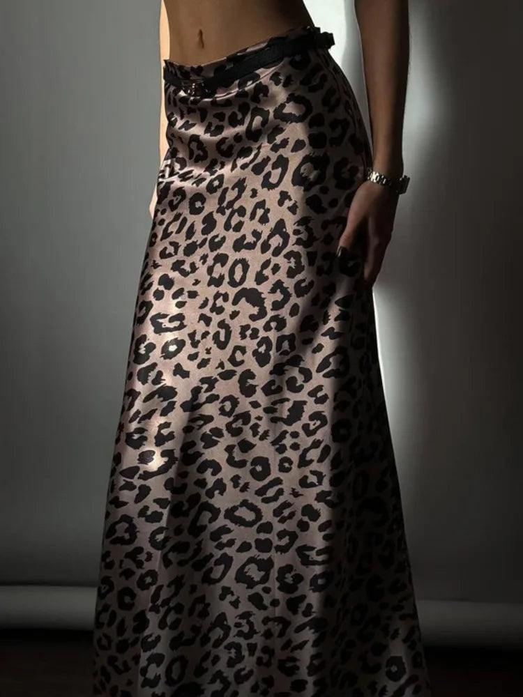 Satin Leopard Print Long Skirt Women Fashion High Waist Maxi Fishtail Skirt Ladies Fashion With Zipper Sexy Skirts