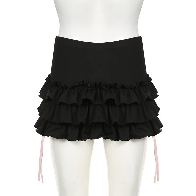 Lolita Fashion Ruffles Black Mini Skirt Women Bow Korean Style Coquette Ruched Cutecore Summer Skirts Gothic Clothes