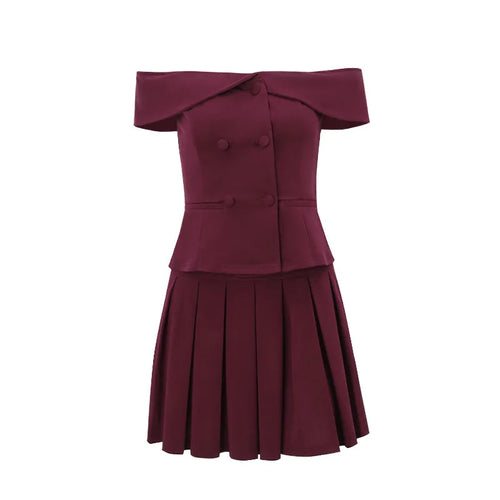 Load image into Gallery viewer, Sexy Skirt Two Piece Set Women Off-shoulder Tops And Pleated Mini Skirt Matching Sets Femme Fashion Two Piece Set
