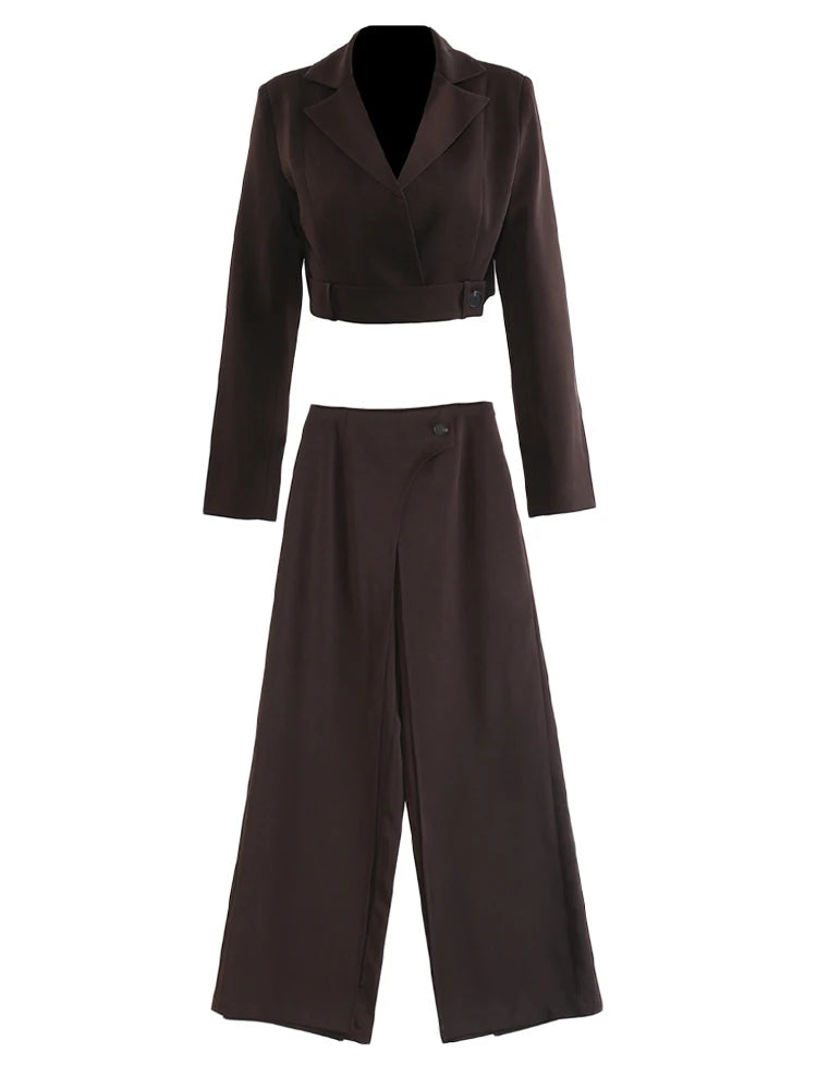 Brown Short Blazer Wide Leg Pants Two Piece Suit New Lapel Long Sleeve Women Fashion Tide Spring Autumn 2025 1DJ1092