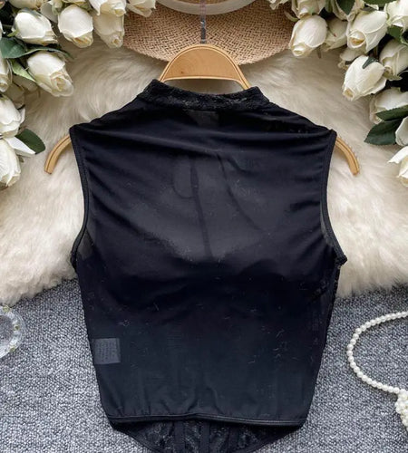 New Chinese Style Vintage Women Black Lace Elegant Sleeveless Tops Summer Sexy Club Vacation Asymmetric Bandage Vest Clothing