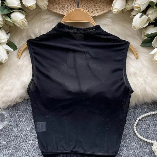 Load image into Gallery viewer, New Chinese Style Vintage Women Black Lace Elegant Sleeveless Tops Summer Sexy Club Vacation Asymmetric Bandage Vest Clothing
