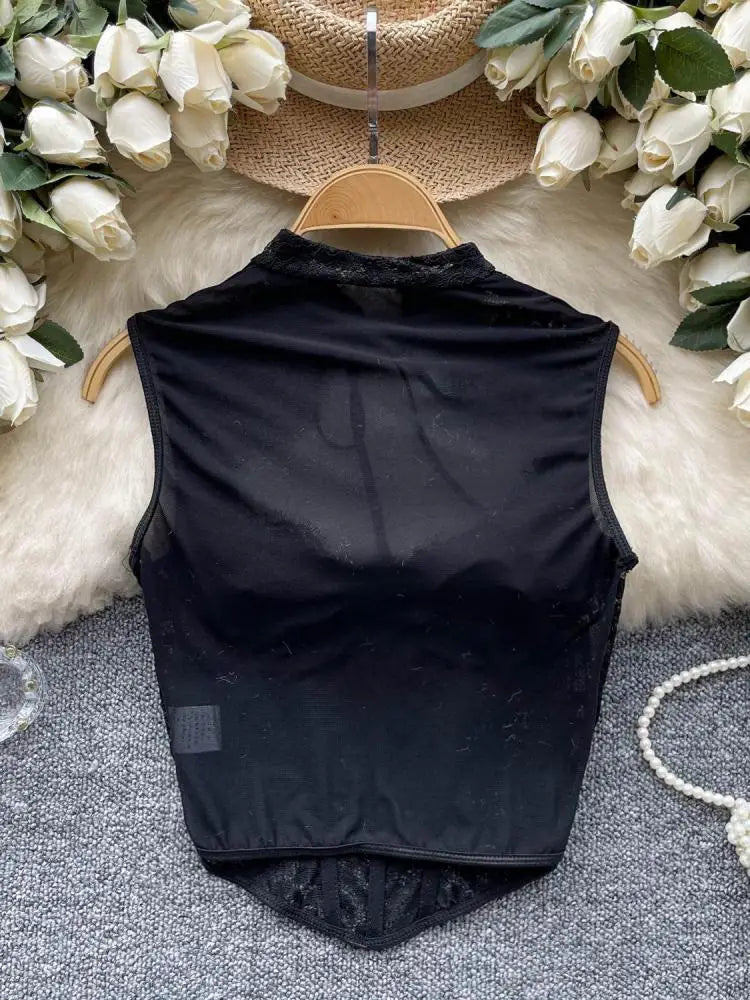 New Chinese Style Vintage Women Black Lace Elegant Sleeveless Tops Summer Sexy Club Vacation Asymmetric Bandage Vest Clothing