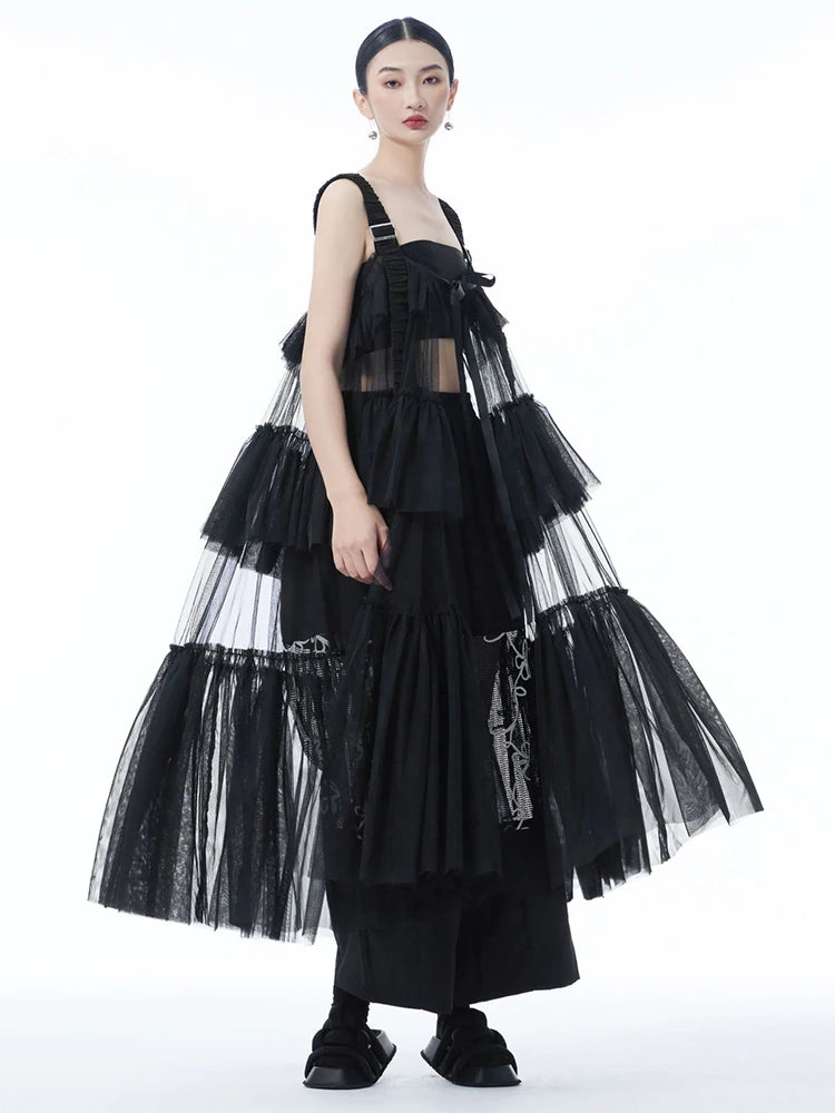 Women Black Mesh Perspective Big Size Strap Dress New Square Collar Sleeveless Fashion Tide Spring Summer 2025 1DJ1242