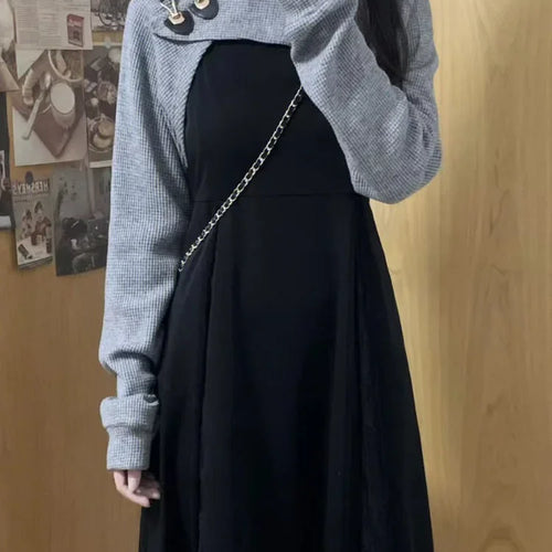 Load image into Gallery viewer, Korean Style Kawaii Slip Dress Women Kpop Casual Designer School Student Black Dresses Autumn Streetwear Suits
