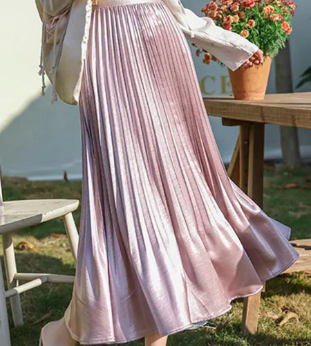 French Fashion Women Solid Elegant Festival Pleated Long Skirt Spring Summer Elastic High Waist Office Lady Skirts Popular Trend