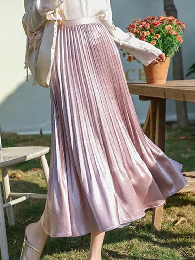 French Fashion Women Solid Elegant Festival Pleated Long Skirt Spring Summer Elastic High Waist Office Lady Skirts Popular Trend