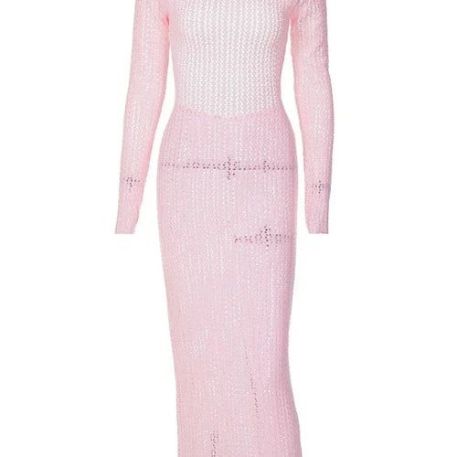 Load image into Gallery viewer, Sexy Pink Hollow Knit Sweater Dress Fall Winter 2023 Elegant Holiday Backless Long Sleeve Maxi Dresses Women C15-EZ37
