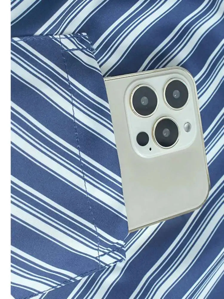Women Blue Striped Spliced Pocket Big Size Casual Shirt Dress New Lapel Sleeve Fashion Tide Spring Summer 2025 1DH9810