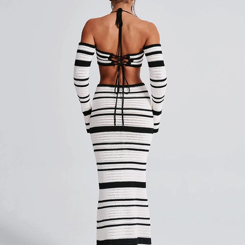 Load image into Gallery viewer, Striped Knit Skirt Two Piece Sets Women Strapless Long Sleeve Crop Tops And Maxi Skirt Sexy Two Piece Sets Knitwear
