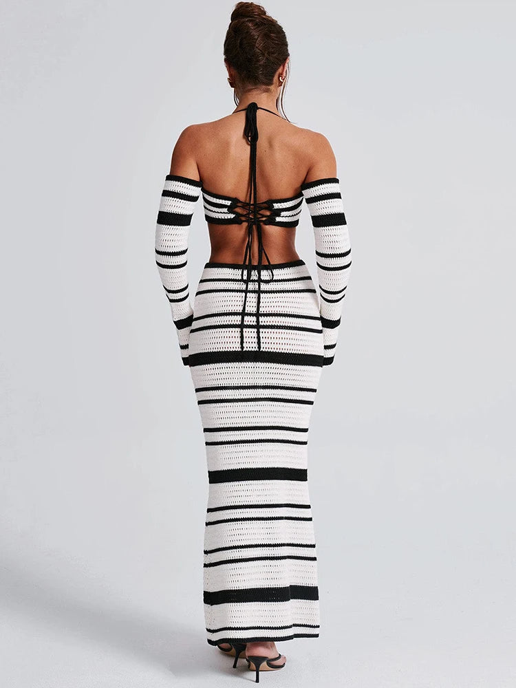 Striped Knit Skirt Two Piece Sets Women Strapless Long Sleeve Crop Tops And Maxi Skirt Sexy Two Piece Sets Knitwear