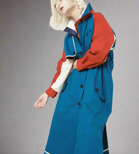 Women Blue Color-block Big Size Long Trench New Lapel Long Sleeve Loose Fit Windbreaker Fashion Spring Autumn 2025 1DE7767