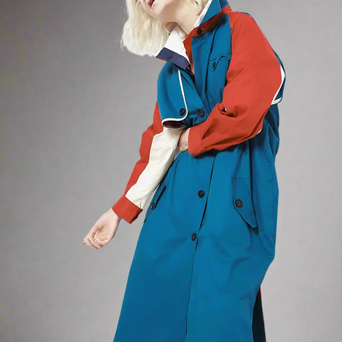Load image into Gallery viewer, Women Blue Color-block Big Size Long Trench New Lapel Long Sleeve Loose Fit Windbreaker Fashion Spring Autumn 2025 1DE7767

