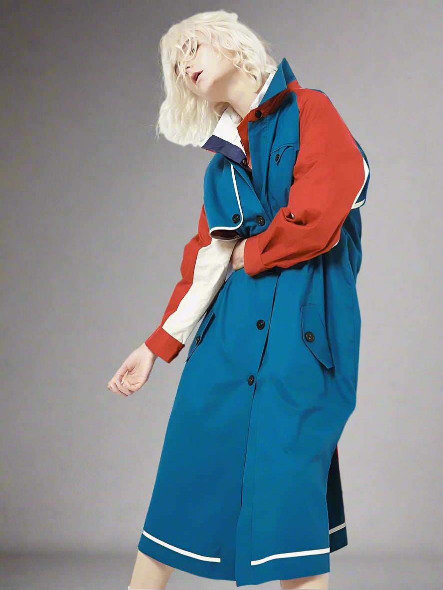 Women Blue Color-block Big Size Long Trench New Lapel Long Sleeve Loose Fit Windbreaker Fashion Spring Autumn 2025 1DE7767