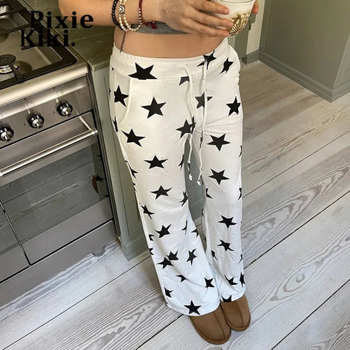 Load image into Gallery viewer, Women Pants Y2k 2000s Star Print White Drawstring Wide Leg Pants Fall 2024 Casual Baggy Trousers P84-CE50
