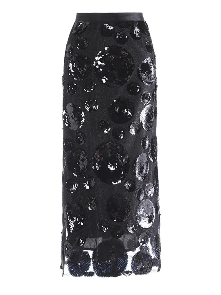 High Elastic Waist Black Sequin Floral Mesh Slit Elegant Half-body Skirt Women Fashion Tide New Spring Autumn 2025 1DJ0006