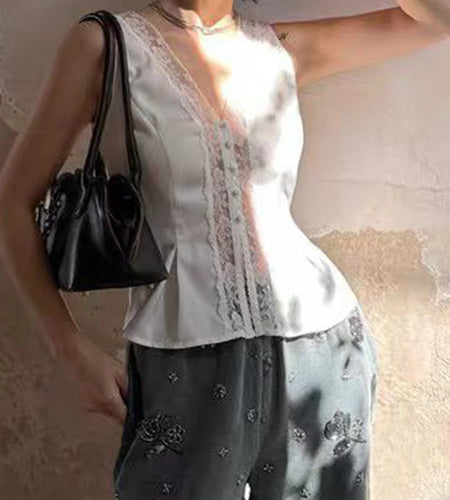 Solid V Neck Two Piece Sets for Women Long Sleeves Spliced Fungal Blouse Lace Patchwork Button Vest Set Female New