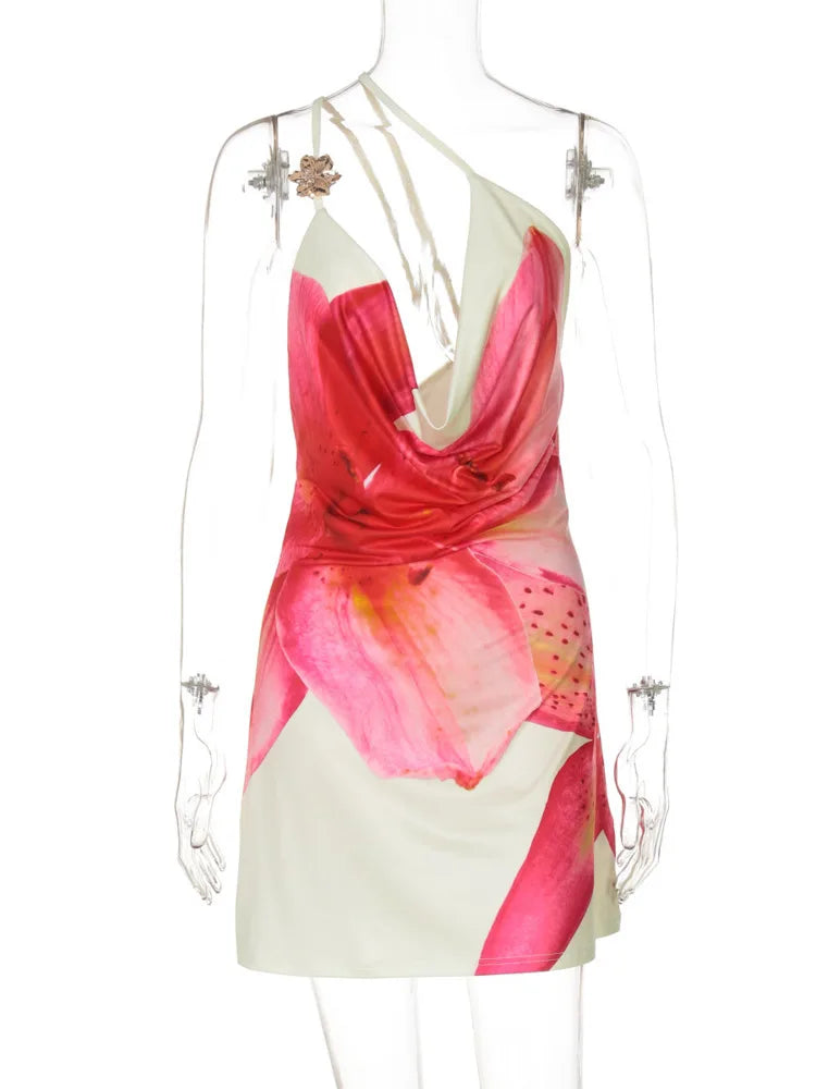 One Shoulder Backless Print Sexy Mini Dress Women Summer New Hollow Out Sleeveless Ruched Beach Club Party Dress