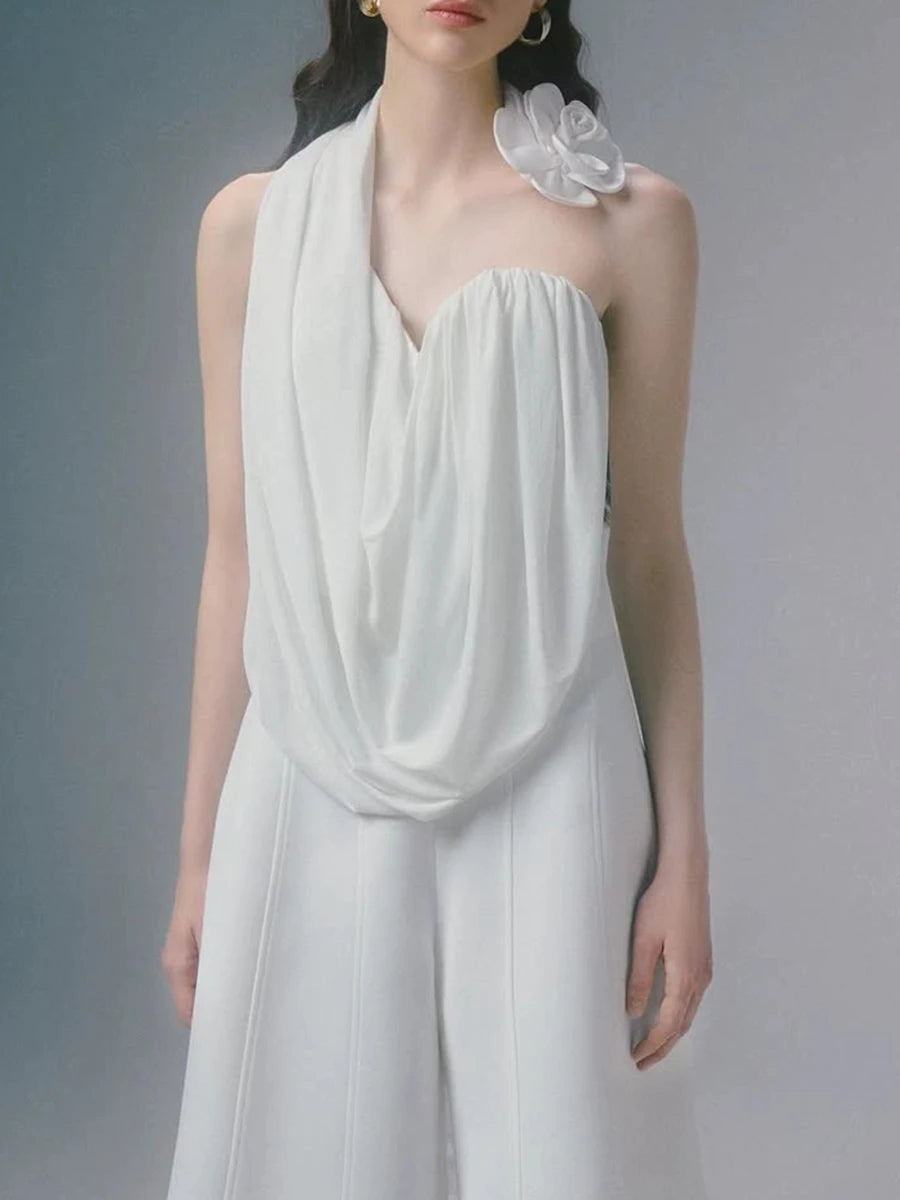 Solid Spliced Folds Loose Blouses For Women Halter Sleeveless Temperament Shirt Female Fashion Style Clothes New