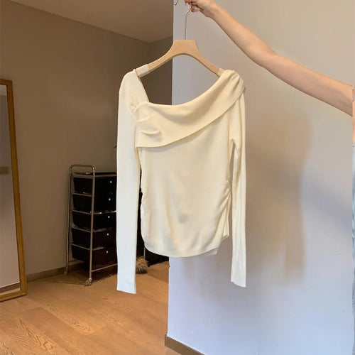 Load image into Gallery viewer, Autumn Winter Solid Temperament Sexy Slim Off Shoulder Long Sleeve Knitting Sweater Women Office Fashion Pleated Tops New Simple
