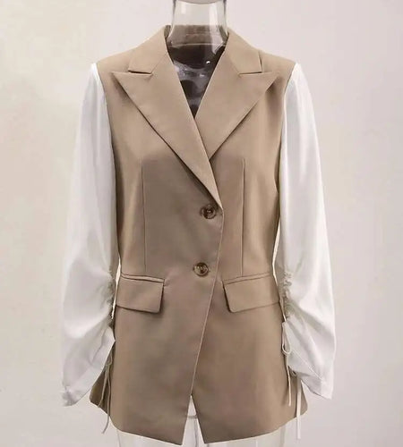 Women Khaki Drawstring Color-block Elegant Blazer New Lapel Long Sleeve Jacket Fashion Tide Spring Autumn 2025 CPDB162