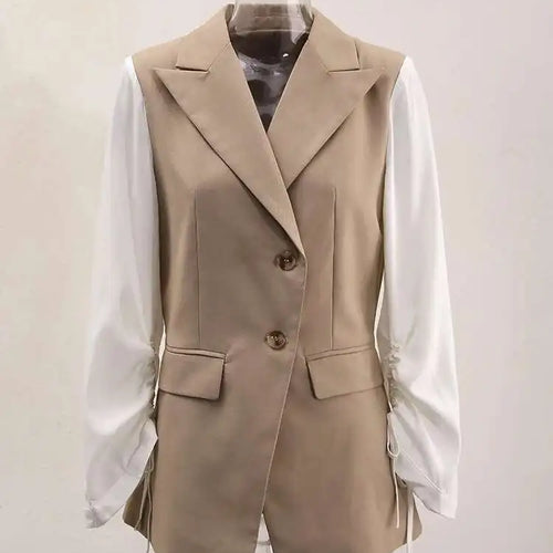 Load image into Gallery viewer, Women Khaki Drawstring Color-block Elegant Blazer New Lapel Long Sleeve Jacket Fashion Tide Spring Autumn 2025 CPDB162
